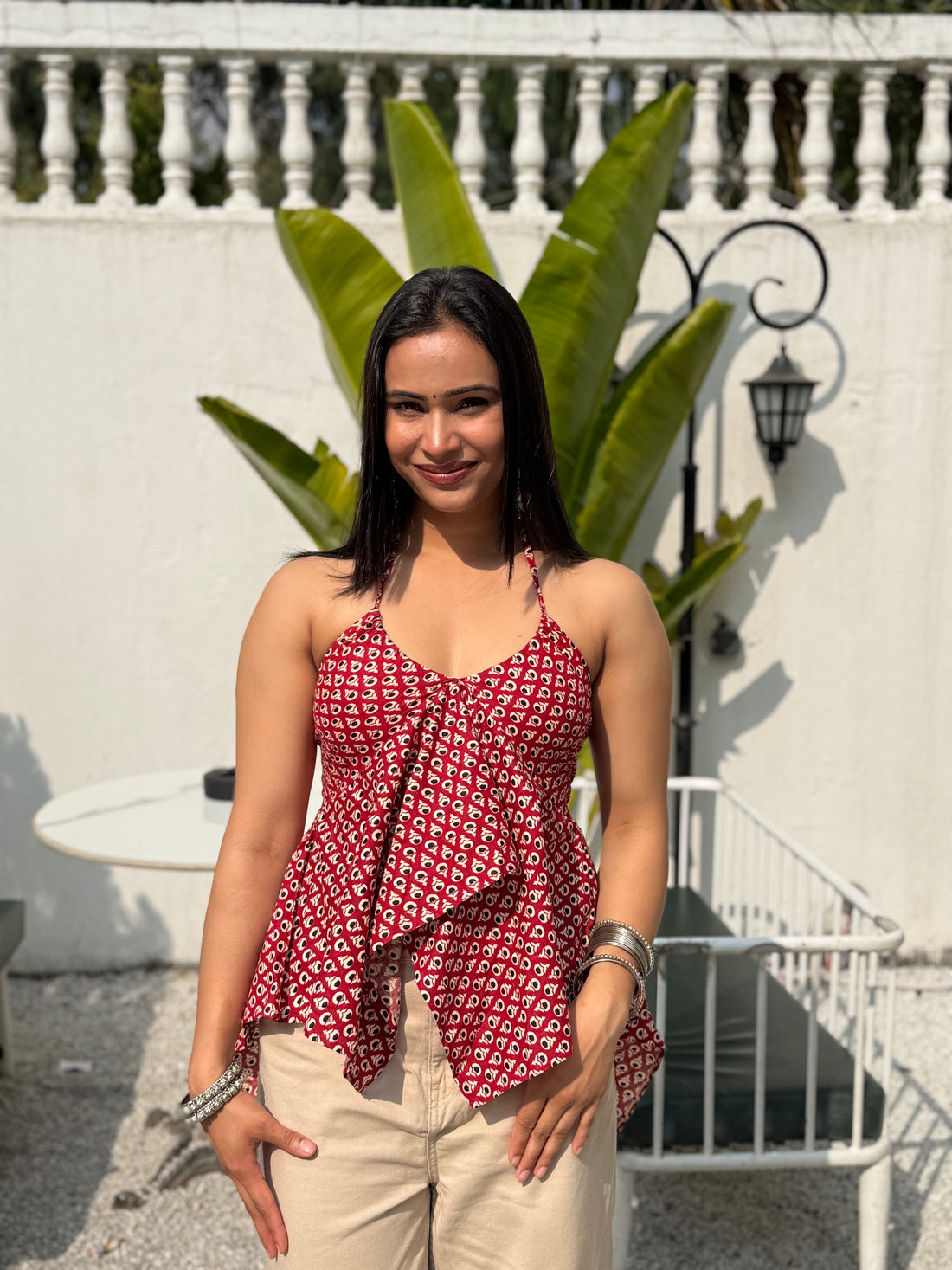 Eiara: Red Buti Noodle Strap Top