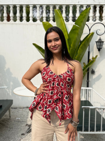 Eiara: Red Mor Pankh Noodle Strap Top