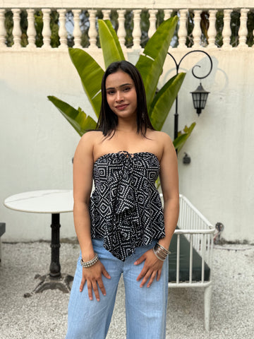 Eiara: Black Bandhani Noodle Strap Top