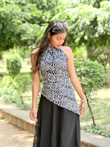 Laila: Black & White Modern Print Asymmetric backless Top