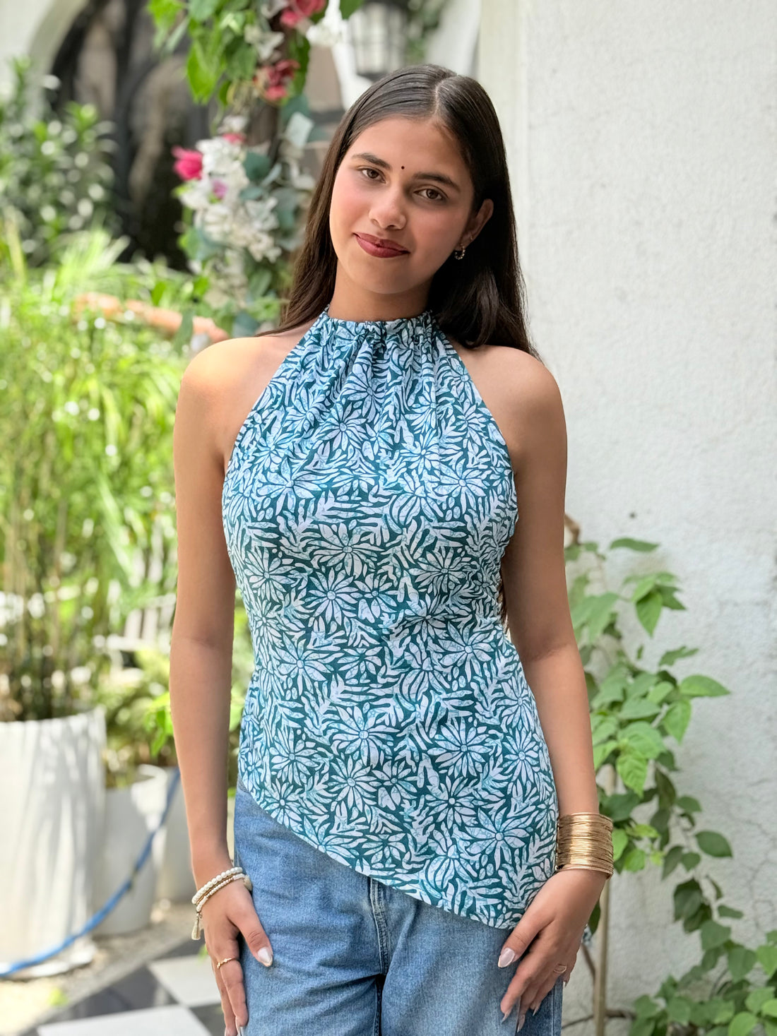 Laila : Sea Green floral asymmetric backless top