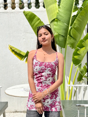 Ruhi: Rani Pink Abstract Print Strappy Backless Short Kurti