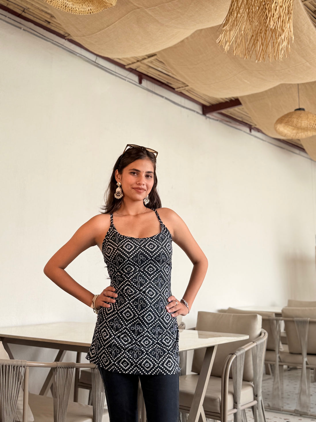 Ruhi: Black Bandhani Strappy Backless Short Kurti