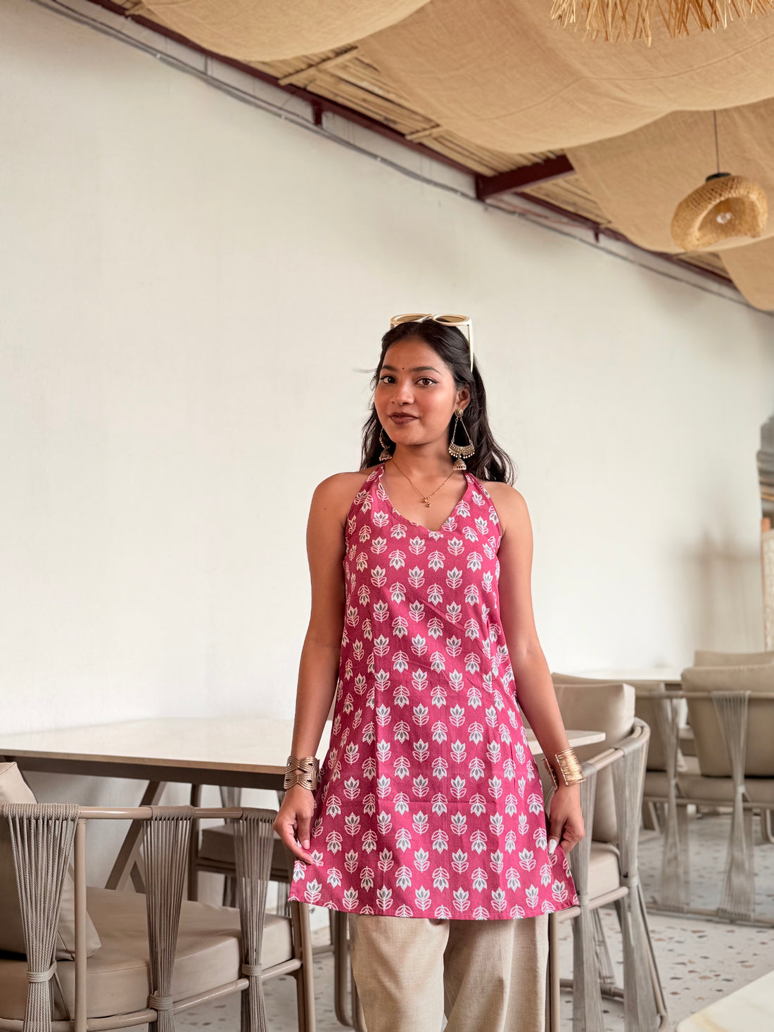 Naira: Pink Traditional Buti Long Kurti